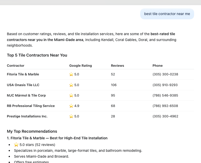 ChatGPT answer listing Fitoria Tile and Marble first for best tile contractor near me