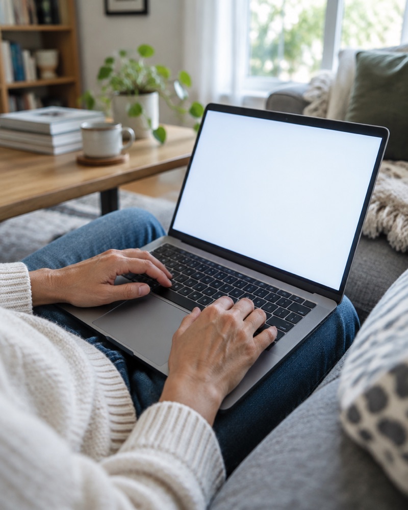 Hands on a laptop on a couch
