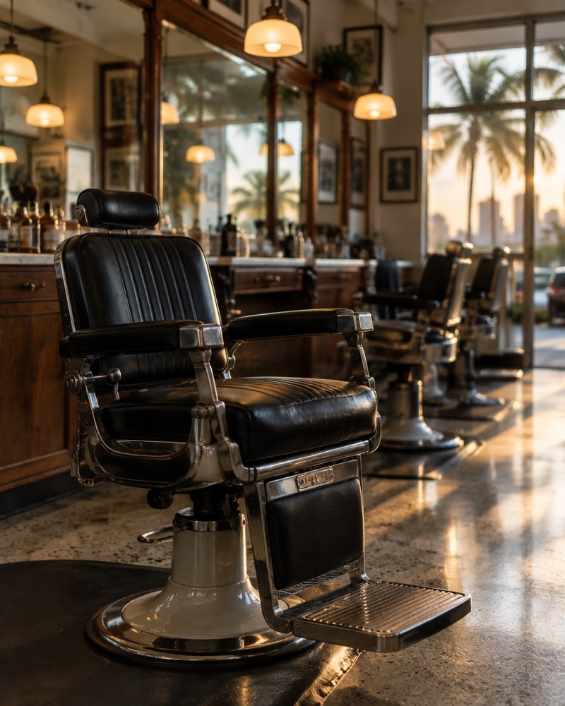An empty barber chair in a quiet shop