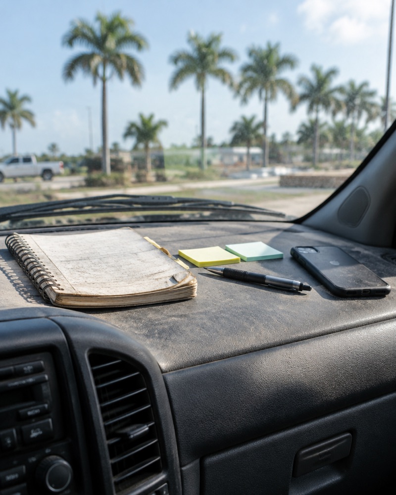 A truck dashboard with a notebook and sticky notes