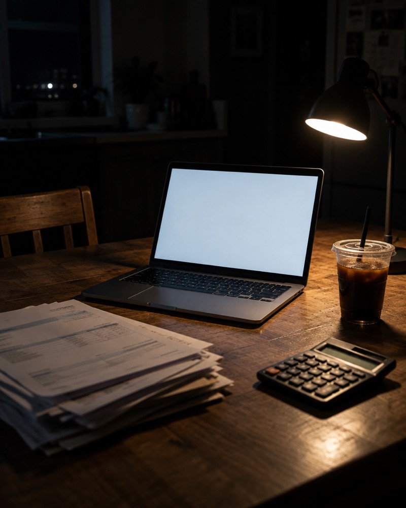 A kitchen table late at night with a laptop and invoices