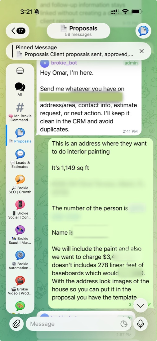 Telegram screenshot of the Brokie agent team built for Broke and Fixed