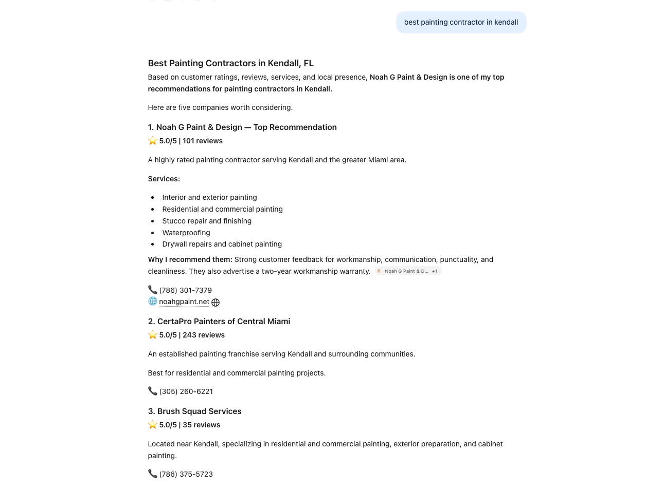 ChatGPT answer for best painting contractor in Kendall, listing Noah G Paint & Design first