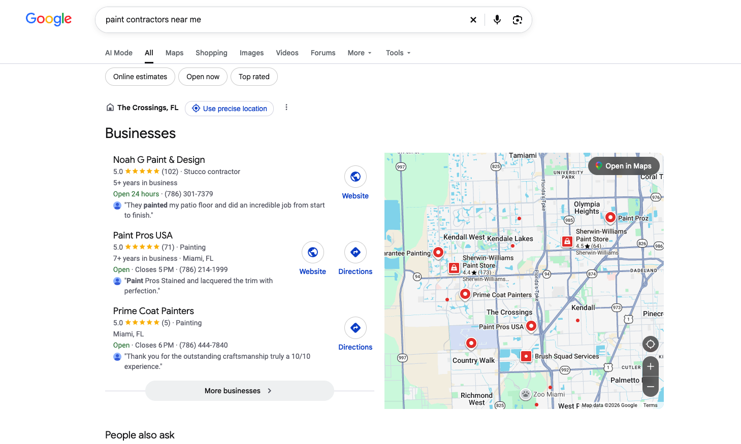 Google results for paint contractors near me, with Noah G Paint & Design first
